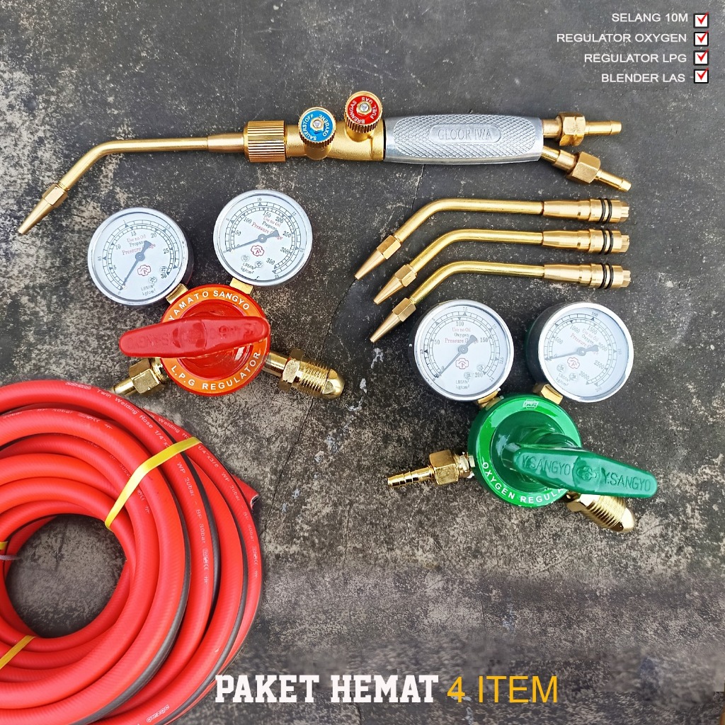 PAKET HEMAT 4 ITEM PERLENGKAPAN ALAT LAS / BLANDER GLOOR / REGULATOR LPG PROPANE OKSIGEN OXIGEN / SE