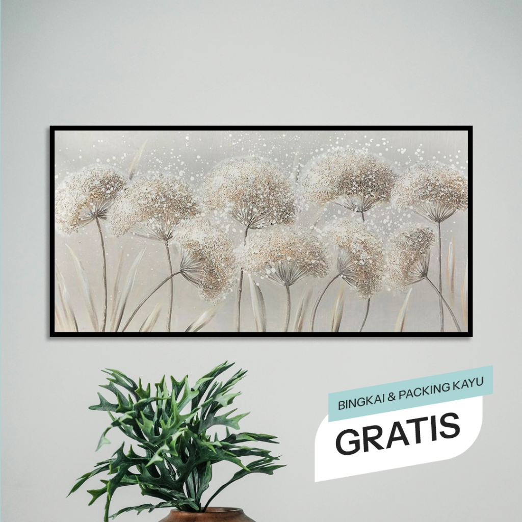 Lukisan Dinding Bunga Dandelion Putih 3D Tekstur Aesthetic