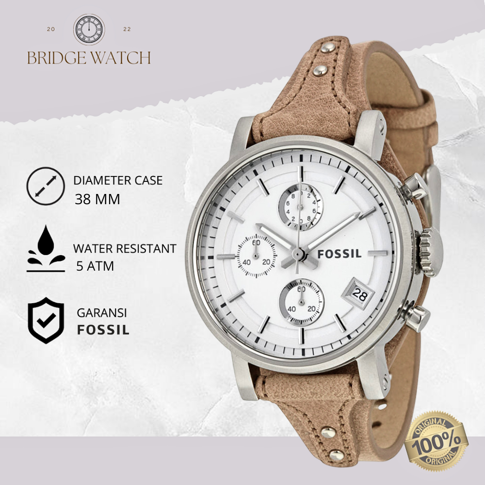 Jam Tangan Wanita Fossil ES3625 Original Boyfriend Analog Leather Strap Kulit Cewek Chronograph Bone