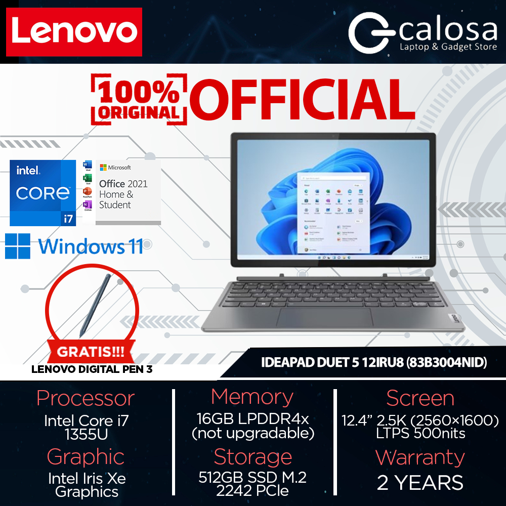 Lenovo IdeaPad Duet 5 12IRU8 (83B3004NID) Core i7-1355U 16GB RAM 512GB SSD 12.4″ 2.5K Touch Windows 