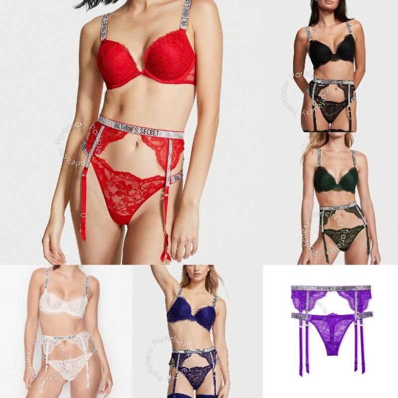 Victoria Secret Shine Strap Lace Garter Belt & Thong