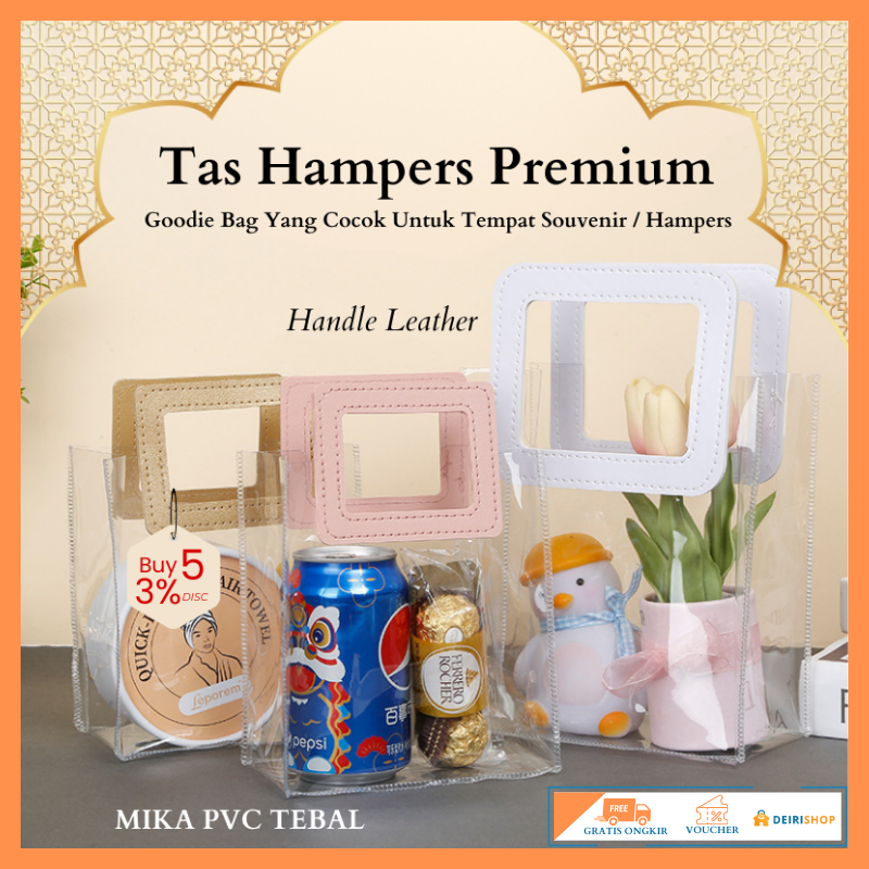 

Tas Mika Extra Tebal Souvenir Hampers Tas Kado Handle Kulit Mika PVC Transparan/ Tas Mika Leather Handle Transparan Premium/Goodie Bag Hampers Serbaguna