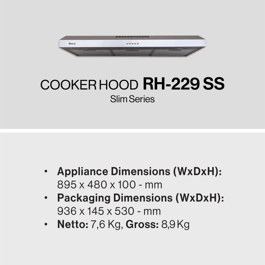 RINNAI Cooker Hood RH 229SS Stainless / Penghisap Asap Dapur 90 CM Tudung Hisap SLim Penyedot Asap