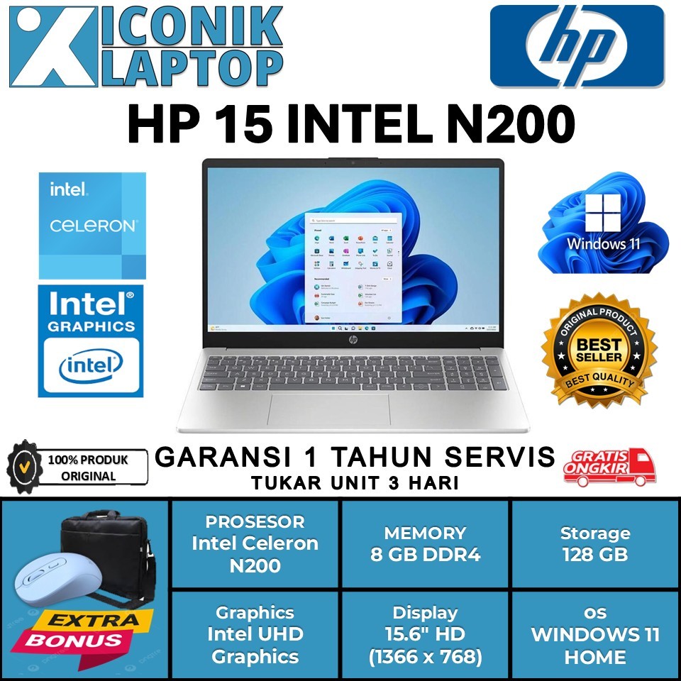 Laptop HP 15 Intel Quad Core N200 Ram 8 GB Layar 15 Inc Window 11 Original Baru