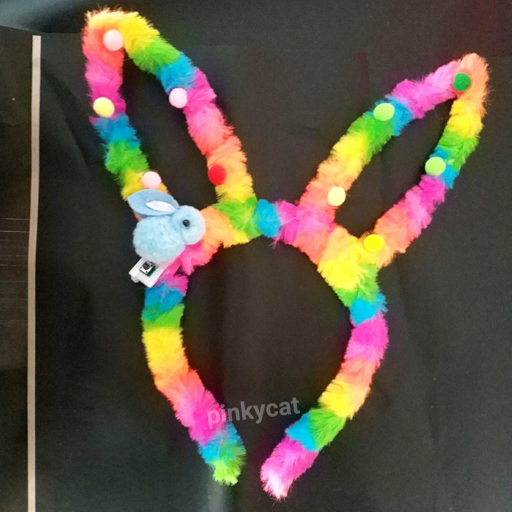 Bando Telinga Kelinci Bunny Ear Lampu Led Bulu Pompom Anak Murah