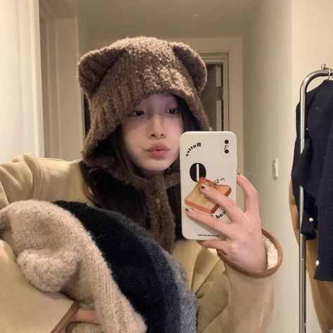 Topi Beanie Telinga Beruang Wanita Musim Gugur Baru, Topi Rajut Musim Dingin, Topi Korea, Kupluk Ana