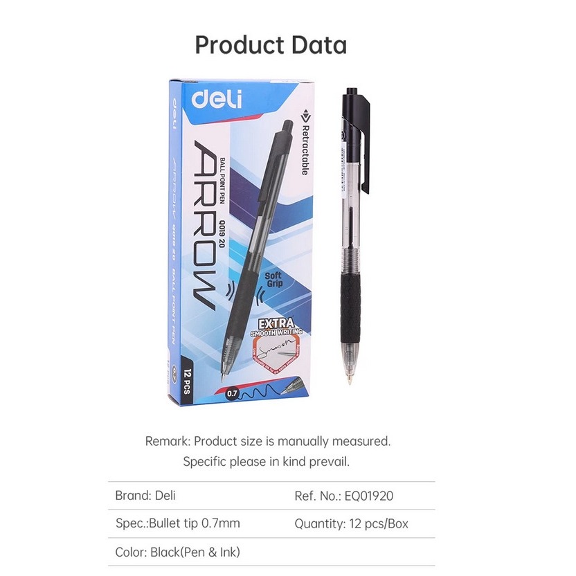 

Deli Pulpen Ball pen Cetek Penulisan Halus 0.7mm Hitam ( 1 Pack = 12pcs ) Harga per 6pcs