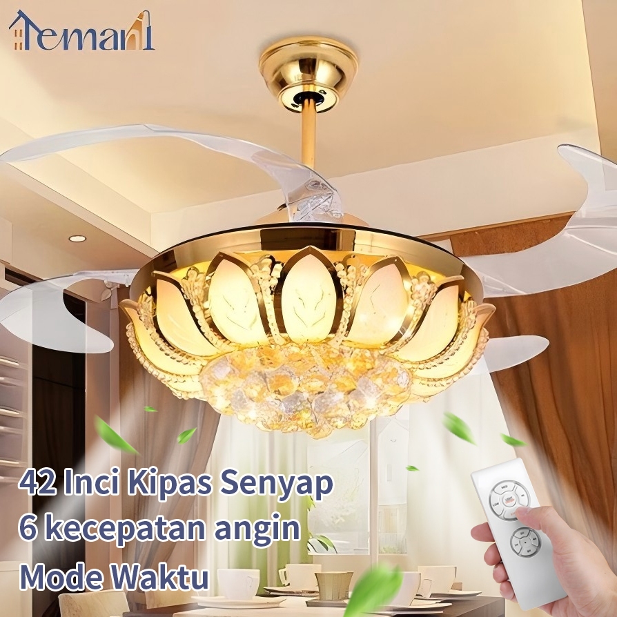 Lampu Kipas Angin Kristal Teratai Lampu Kipas Angin Gantung Plafon Bentuk Teratai 3 Warna Remote 42i