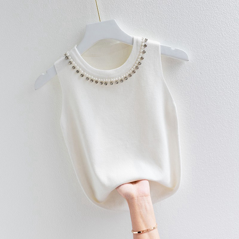 Atasan Lengan Buntung Kombinasi Mutiara Molve - Baju Atasan Rajut Import Premium