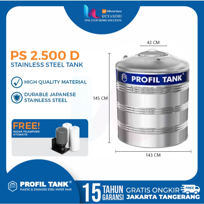 Tangki Air Stainless PS 2500 D  Profil Tank Toren Tandon Air