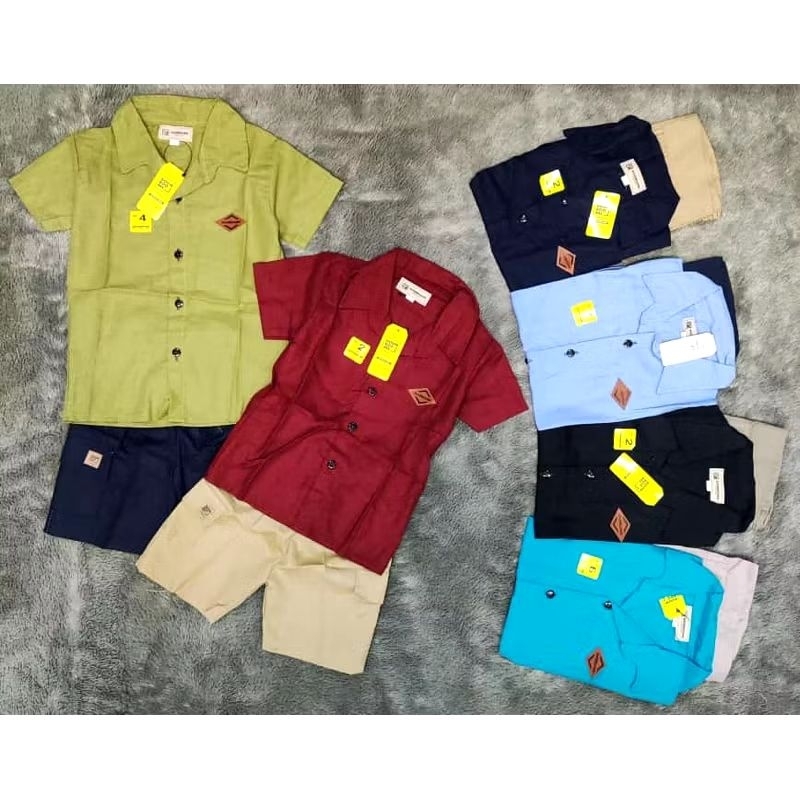 [New] Setelan Kemeja Anak Pendek Celana Kargo polos Boomboobee Katun Linen adem murah