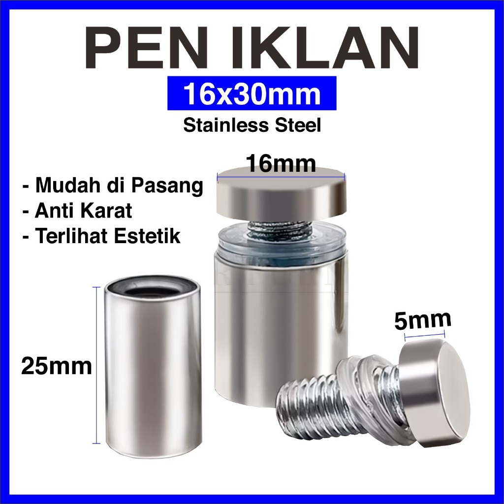 

PEN IKLAN Stainless Steel Baut Akrilik Kaca Sign Board Frame Poster Dinding Display Brosur16x30mm