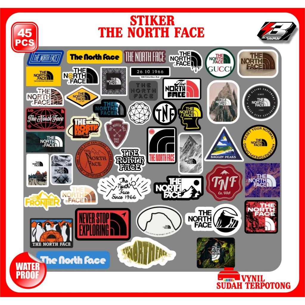 

45 pcs stiker pack stiker brand TNF sudah terpotong waterproof tinggal tempel