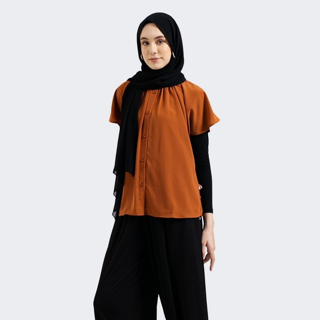 Greenlight Kemeja Casual Kerah Bulat Original LenganPendek Poly Shirt Basic Wanita Orange Cinnamon L