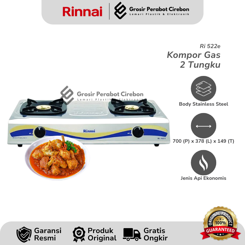 RINNAI KOMPOR GAS 2 TUNGKU RI-522E / RI 522 E KOMPOR GAS 2 TUNGKU RINNAI