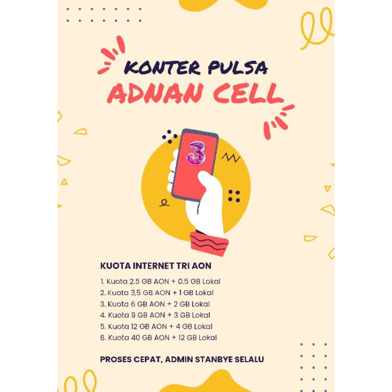 Promo Kuota Data Isi Ulang Tri 3 AON 2,5GB 3,5GB 6GB 9GB 12GB 40GB Proses Cepat