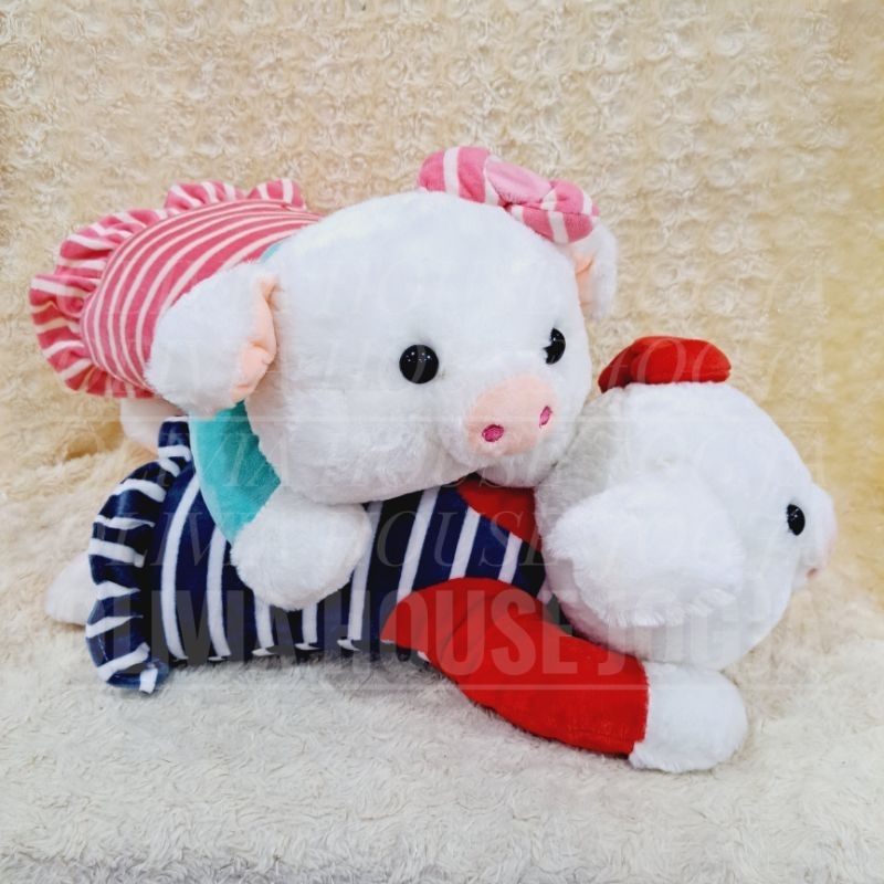 Boneka Babi Tiduran Boneka Babi Pig Baju Strip Boneka Piggy Pita