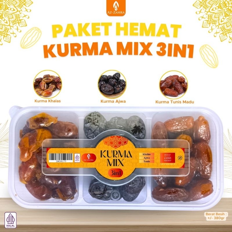 

PAKET HEMAT KURMA MIX 3IN1 3 Varian Kurma Terbaik dalam 1 Kemasan!Nikmati kelezatan Kurma Khalas, kemewahan Kurma Ajwa, dan manis legit Kurma Tunis Madu dalam satu paket praktis