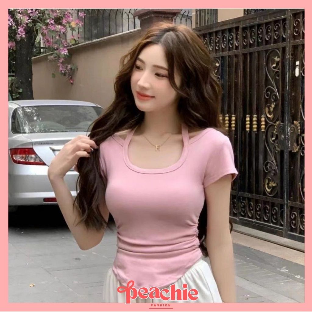 PEACHIE | BJ1413  Kaos Wanita T-Shirt U neck Sexy Baju Atasan Short Sleeve Tali Ikat Belakang
