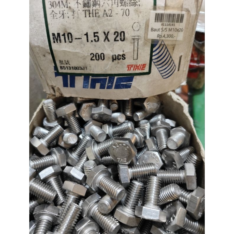 baut stainless m10x20 1.5  fulldrat pakai kunci 17 / baut stainless 304 ukuran m10 x 20 drat pitch 1