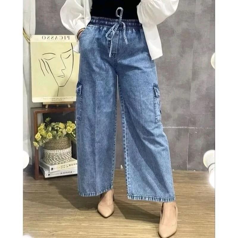 Celana Cargo Jeans Wanita Pinggang Karet