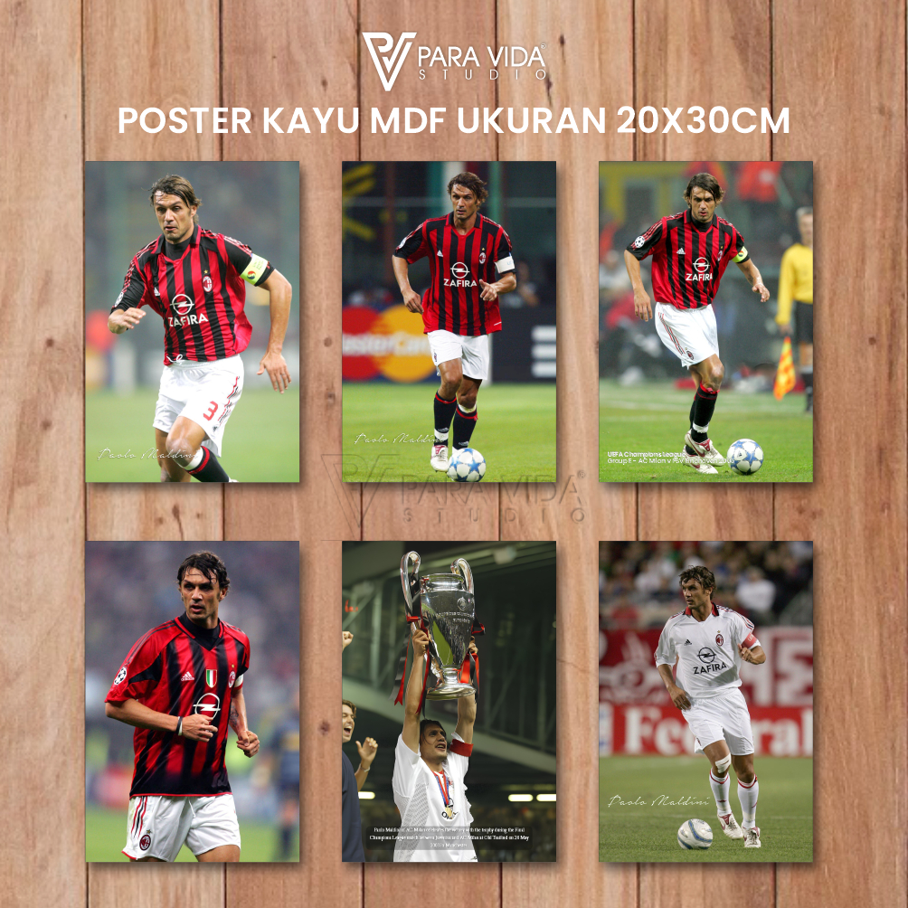 Poster Kayu Paolo Maldini AC Milan MDF 6mm | Gambar Klasik Legendaris Era Rossoneri | Ikon Sepak Bol