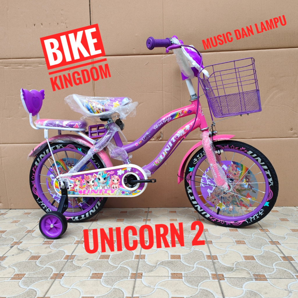 Sepeda mini keranjang anak UNITY UNICORN 2 NEW ukuran 16 dan 18 inch tebeng music dan lampu