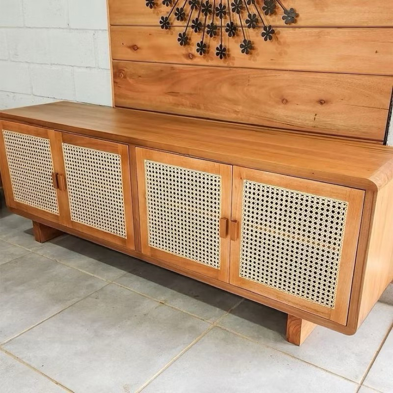 Bufet tv minimalis kombinasi rotan kayu jati 4 pintu