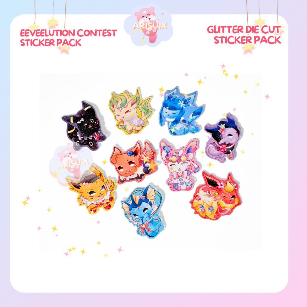 

[Arisuix] (PACK OF 9) Eeveelution pack / Eevee pack - Pokemon - Vinyl Glitter Die Cut Sticker Pack