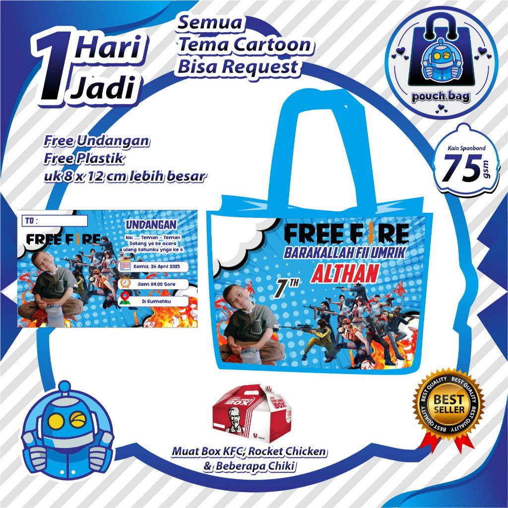 

PAKET 40 PCS Tas Ulang Tahun Anak Custom Pakai Nama Foto Nasi Kfc Bungkus Snack, Sudah Free Undngan Ultah ( Godie Bag Ultah Custom )