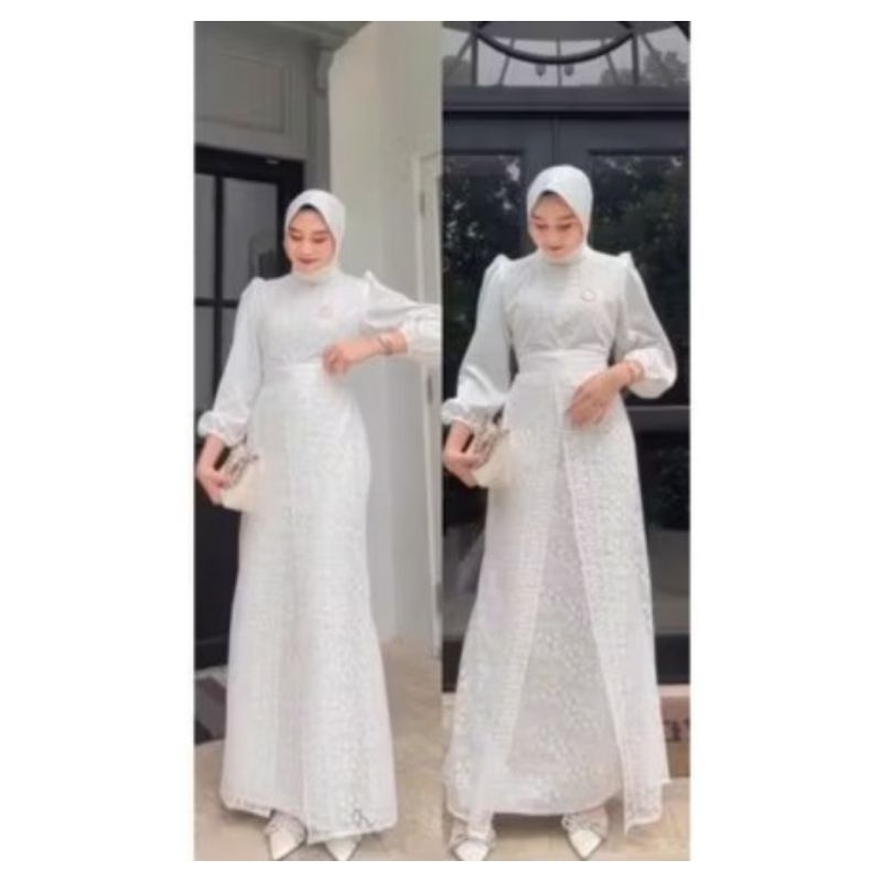 Ready Gamis Satin Brukat Putih Lebaran Idul Fitri Gamis Wanita Cantik