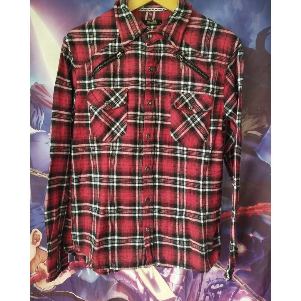Von Dutch Double Pocket Zip Red Plaid Flanel Shirt Kemeja Original Second Merch Japan Korea Brand Vi