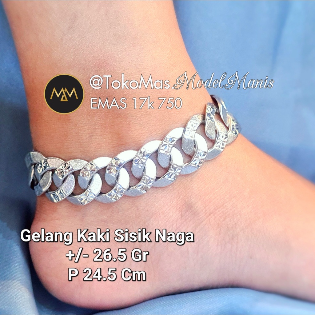 Gelang Kaki Sisik Naga Lebar Putih 750 kadar 17k