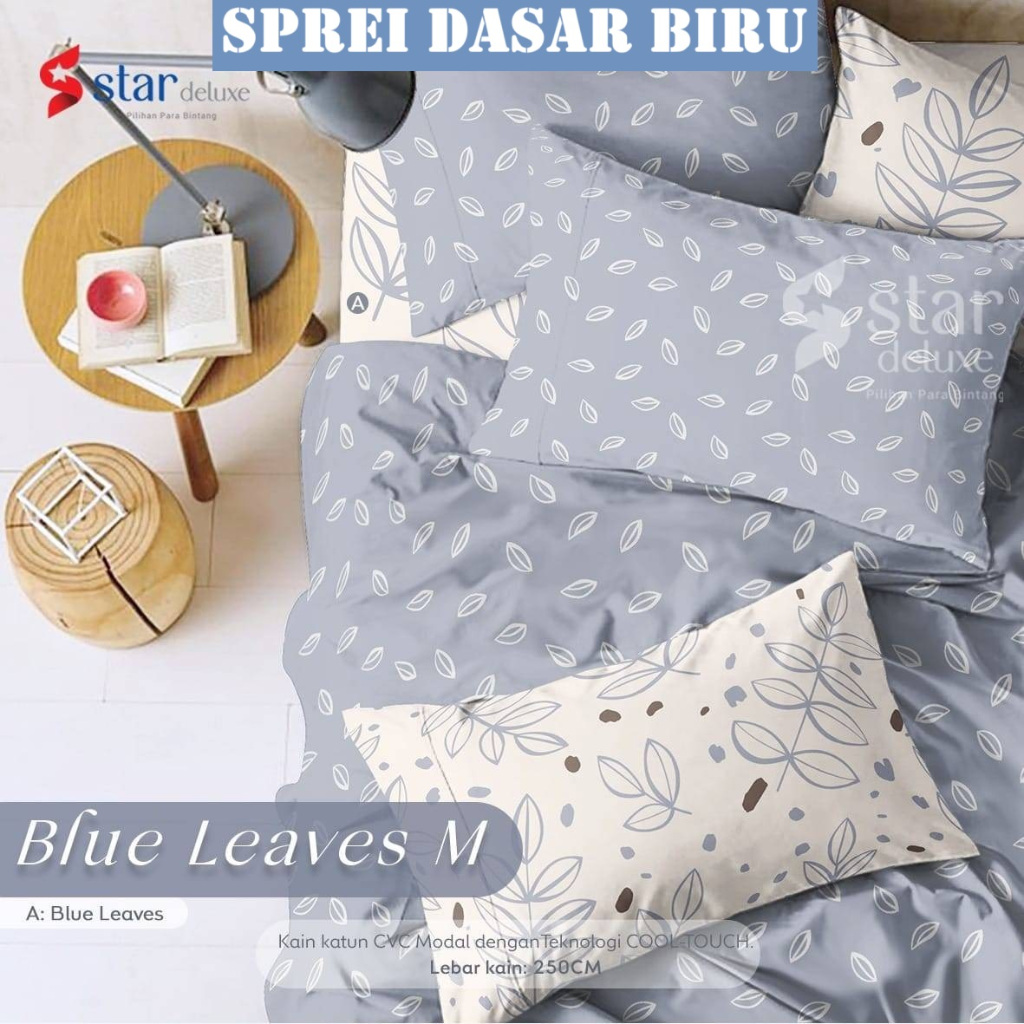 Sprei Anti Geser Katun Lokal Motif Bunga STAR Blue Leaves Biru (Sprei Dasar Biru)
