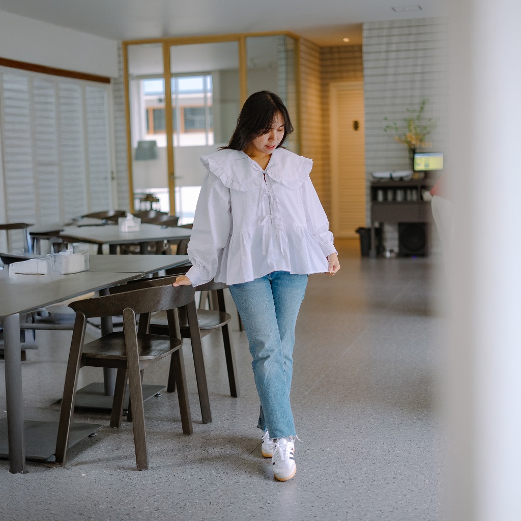 SONNE - Rachel - blus putih cewe krah vintage klasik- atasan pita putih korean style - atasan putih 