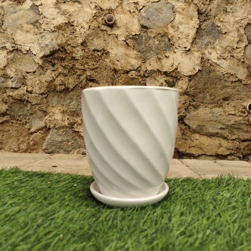 Pot keramik pot tanaman hias pot bulat motid garis spiral