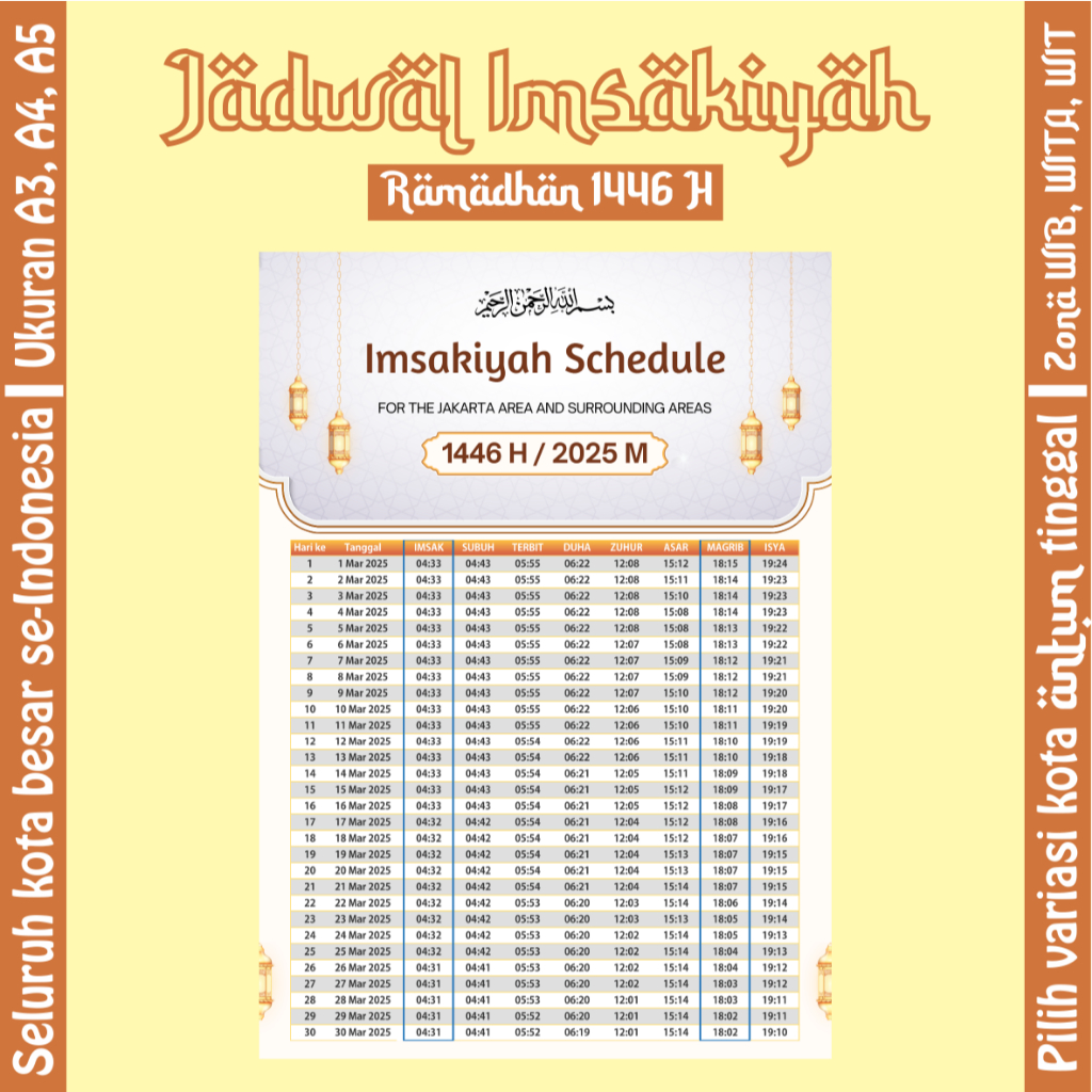 

[RUANG KREATIF] - SNOW WHITE - Kalender Imsakiyah Puasa Ramadan 1446 H / 2025 M – Jadwal Salat 5 Waktu + Imsak & Maghrib – Ukuran A3, A4, A5