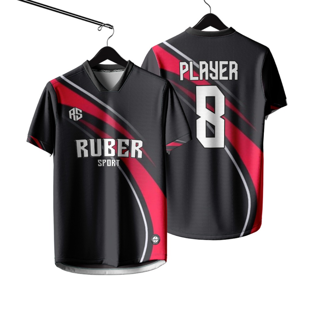Jersey Futsal / Jersey Bola / Jersey Voli Custom Full Printing Bisa Satuan Hitam Motif Merah Putih