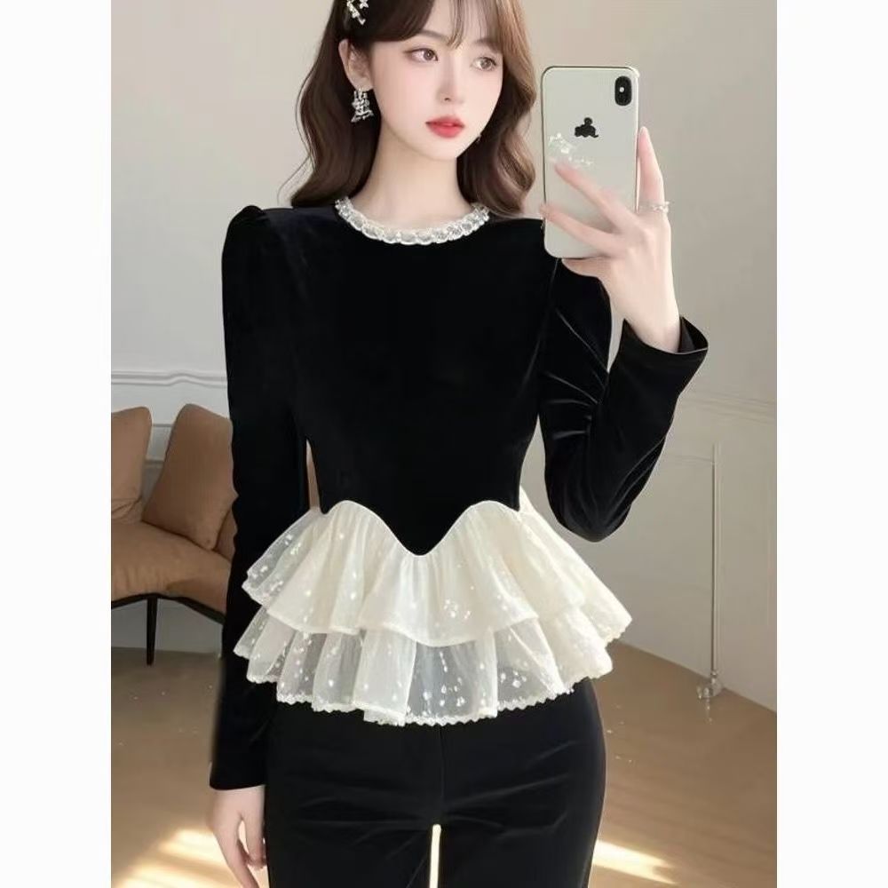 Kemeja Beludru Kerah Tegak Berkualitas Tinggi Lengan Panjang T Kemeja Pendek Wanita