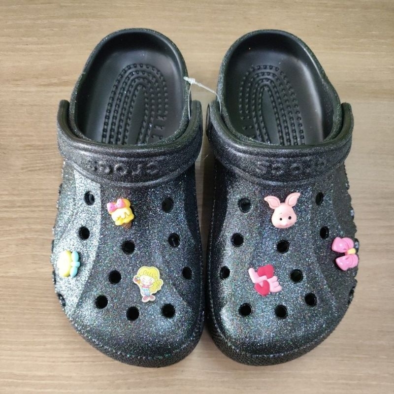 SANDAL CROCS M5 W7 38 BAYA CLOG GLITTER HITAM BLACK M5/W7 38 M5 W7 NO CUTTING MADE IN INDONESIA M5W7