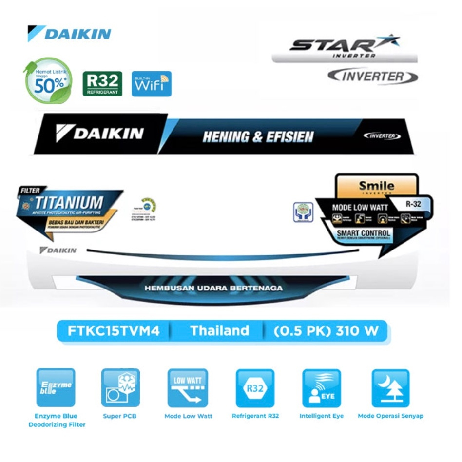 Daikin AC Wall Mounted Split Inverter Star Thailand 1/2 PK - FTKC15TVM4 + RKC15TVM