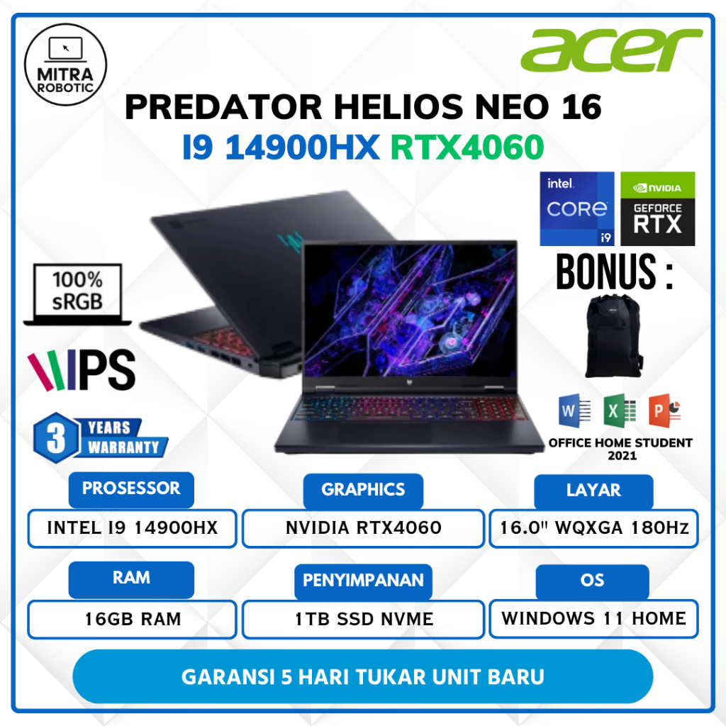 ACER Predator Helios Neo 16  i9 14900HX RTX4060 16GB 1TB Windows 11 + OHS 16" WQXGA 180Hz