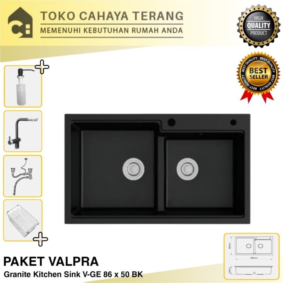 Bak Cuci Piring 2 Lubang Granit Hitam Valpra 86 x 50 + Keran / Kitchen SinkV-GE 8650 BK