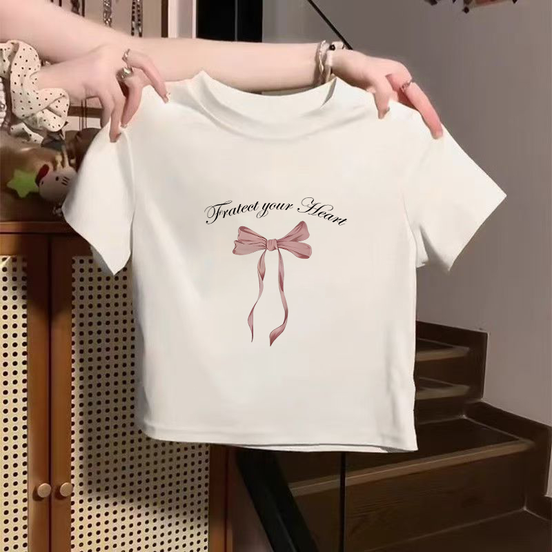 Pinyun Slim fit Crop Top Wanita Kaos Crewneck Kupu-kupu Printed Crop Tee Korea Atasan