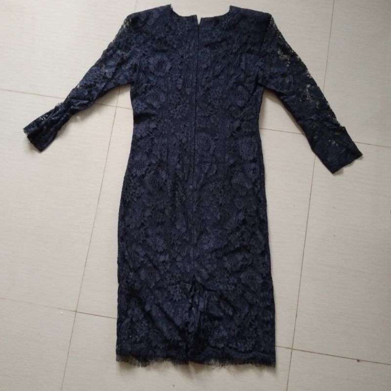 dress formal brokat wanita lengan panjang navy