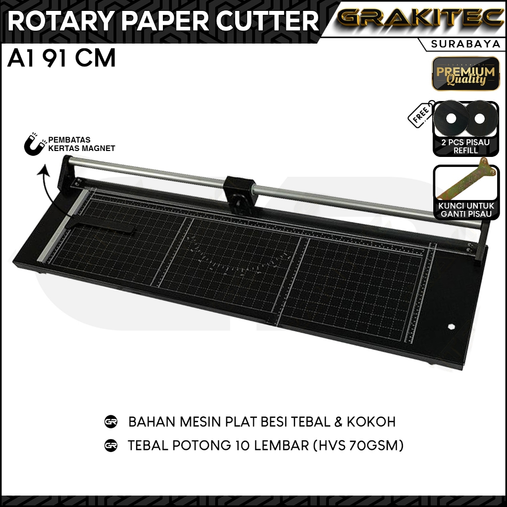 

Rotary Paper Cutter Trimmer A1 / 91 CM - Alat Potong / Pemotong kertas Hvs, Kertas foto Photo glossy, Sticker, Art Paper, A1, A2, A3, A4, A5, A6, Pas Photo