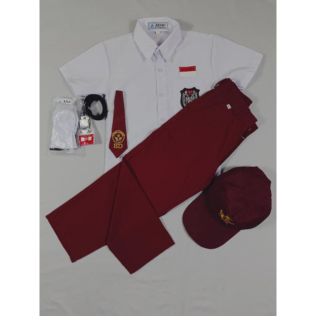 SETELAN SERAGAM SEKOLAH MERAH PUTIH PENDEK PANJANG ANAK LAKI-LAKI KELAS 1-6 TOPI MERAH POLOS