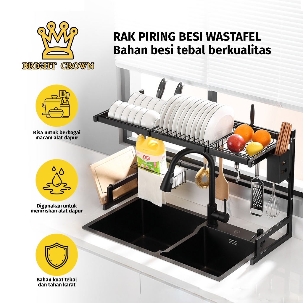 Bright Crown Rak Cuci Piring Wastafel Rak Piring Dapur Rak Dapur Stainless Kokoh Kuat 2 UKURAN