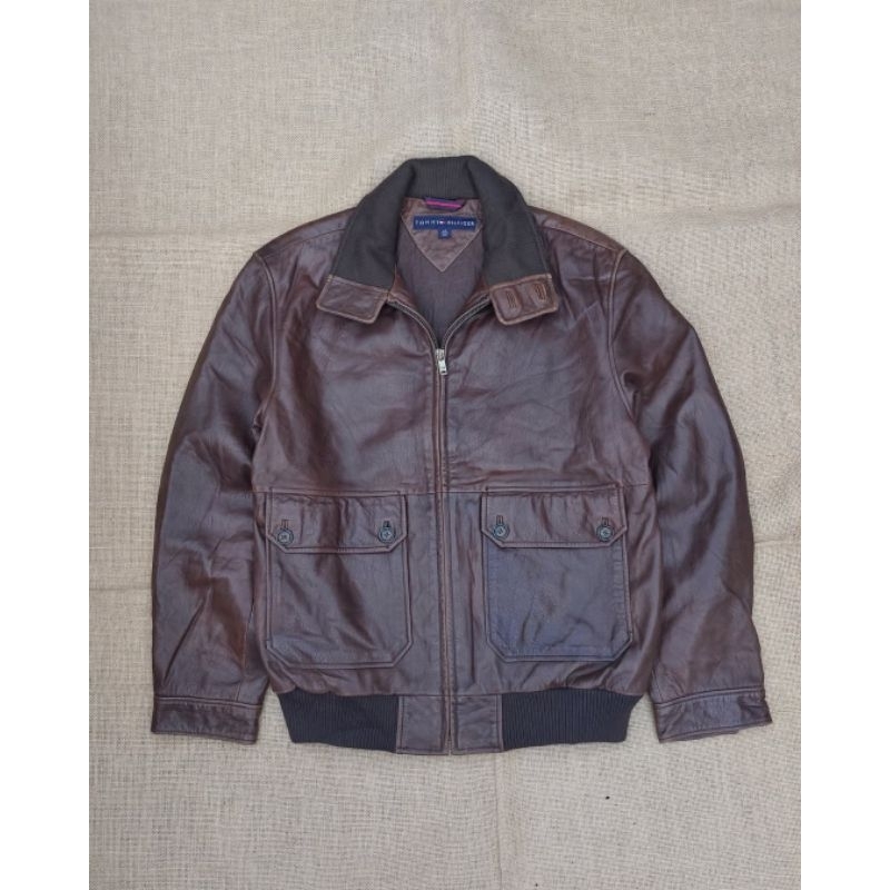 Tommy Hilfiger Jaket Kulit Vintage Casual Harrington Leather Jacket Classic Retro Rugged Style