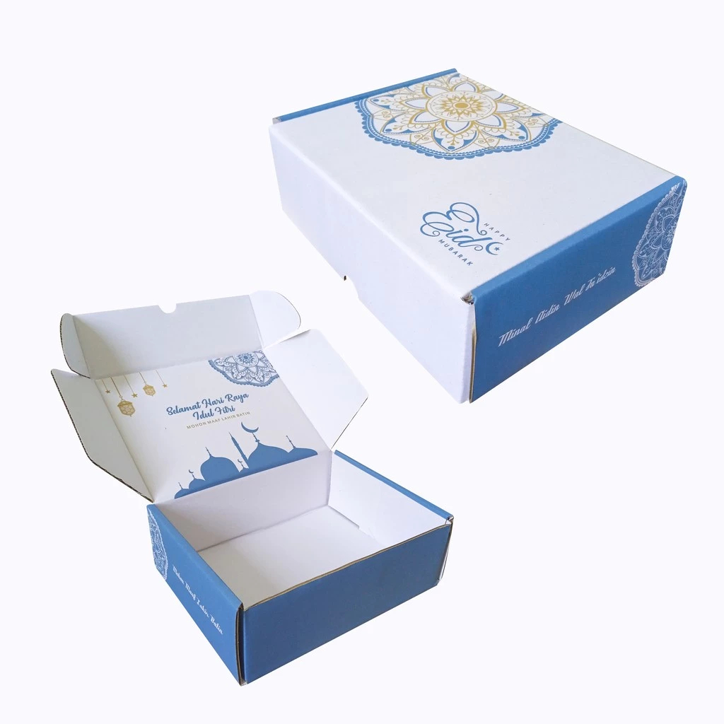 

( 5 Pcs )Box Kardus Kemasan Hampers Murah Bahan Tebal Kokoh Cutting Rapi Motif Eid Mubarok Ukuran 24x19x8 Cm